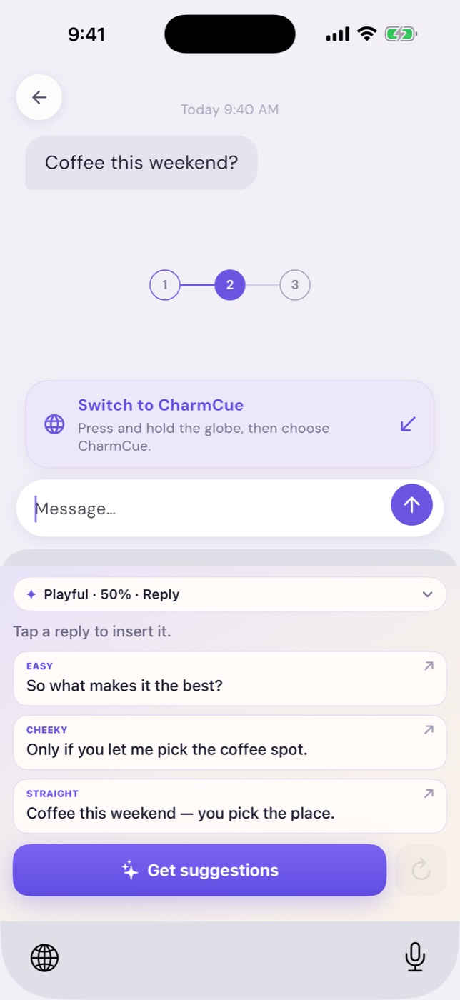 CharmCue keyboard with three reply suggestions