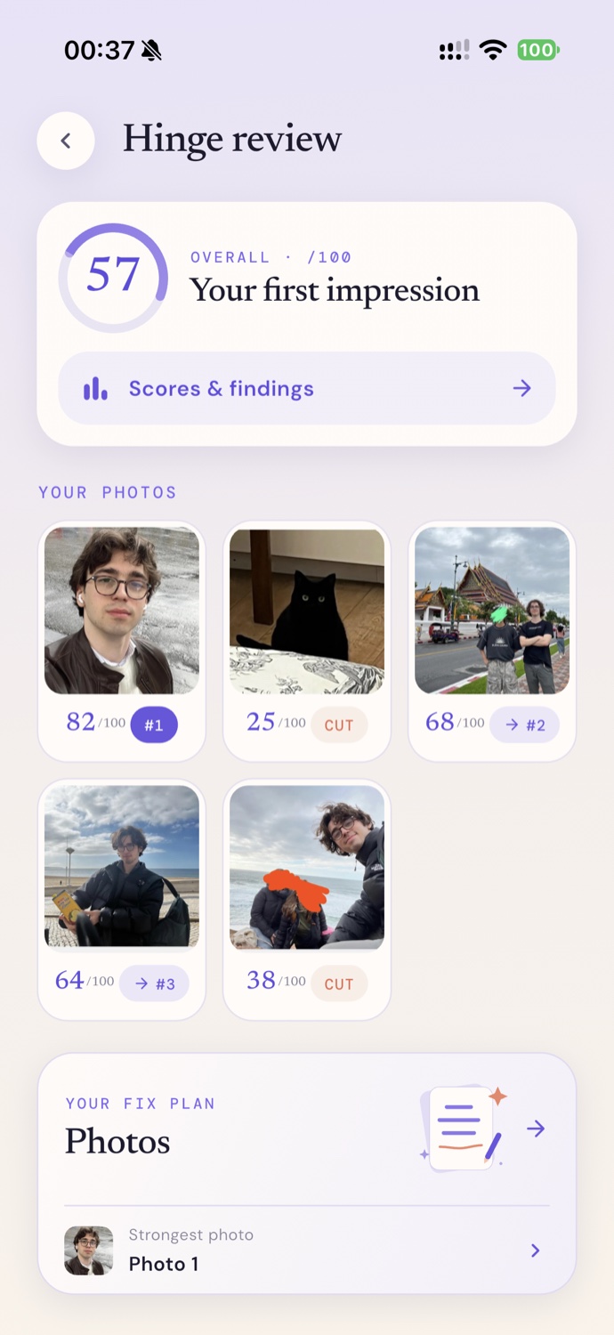 Profile Lab example: overall profile score of 57 out of 100, five photos with individual scores, and a photo improvement plan