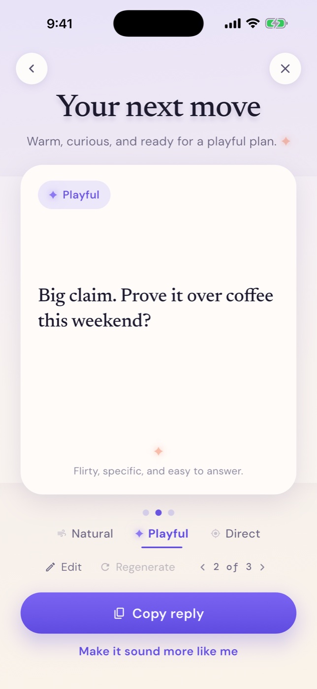 A reply suggestion with tone choices, Edit and Copy reply